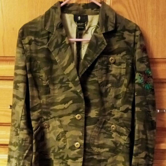 Morbid Threads Denim Military Jacket Embroidery Beaded Camouflage Women's XL - Picture 3 of 16